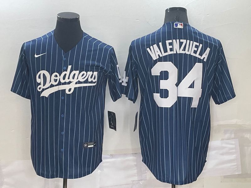 Men Los Angeles Dodgers #34 Valenzuela Blue Stripe Throwback Nike 2022 MLB Jersey